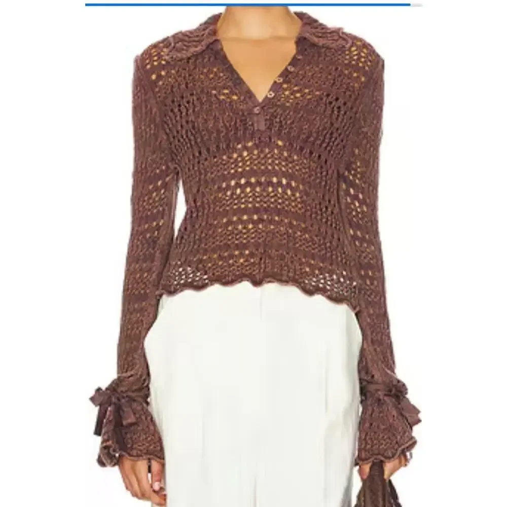 Free People Pointelle Pullover Bell Sleeves Shirt‎ Sz XS Chickory Coffee Brown